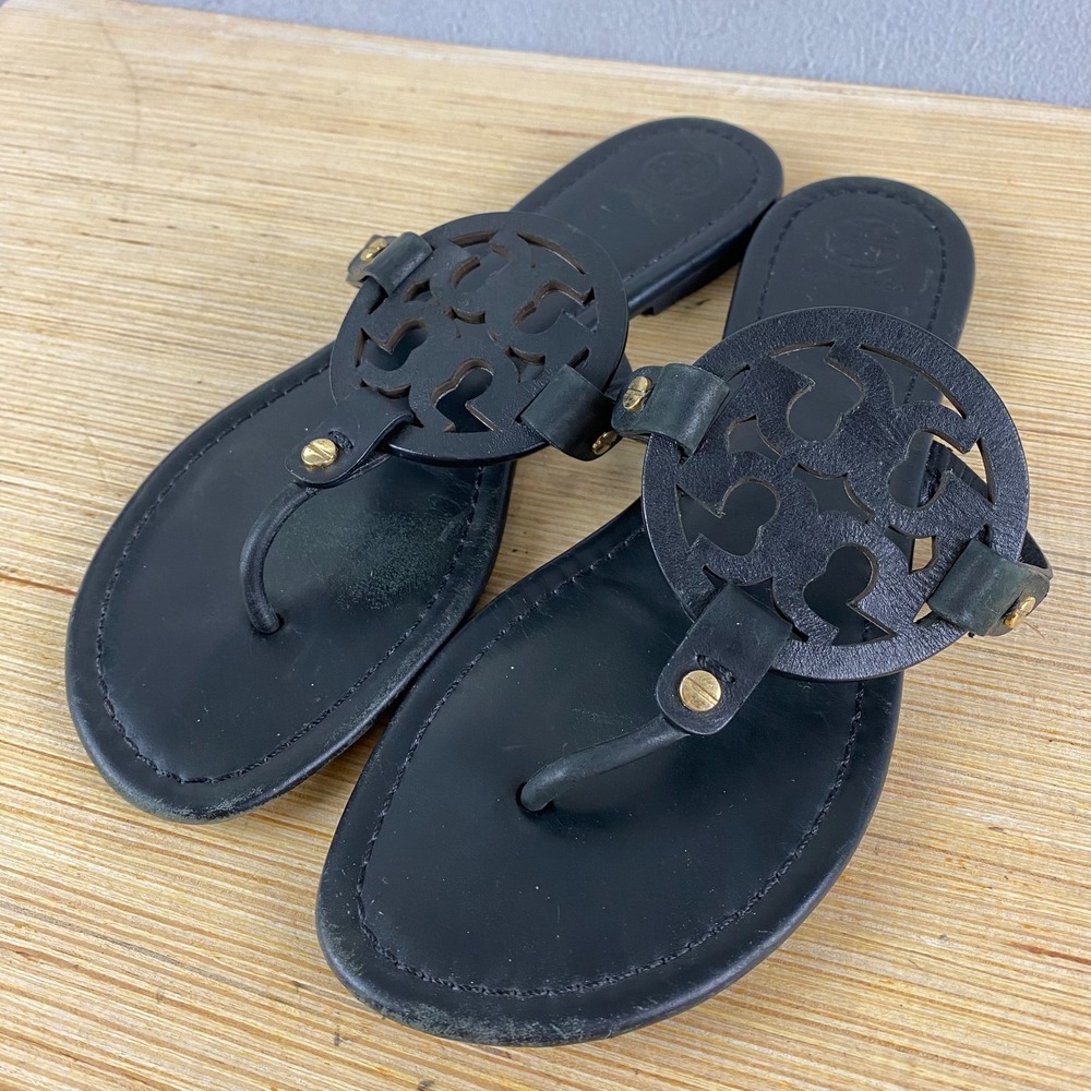 Tory Burch Miller Black gold Leather Thong Sandals Logo Size 9 M